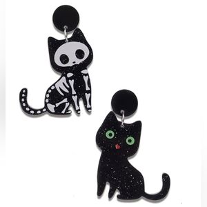 Black Cat X-Ray Skeleton Earrings Acrylic Skeletons Cats Halloween Kitty New